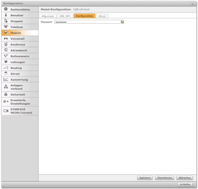 Screenshot des STARFACE Modul 1QB.cdr2xml von 1 Qubit auf dem Tab Konfiguration