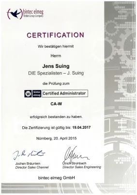 Zertifikat von bintec-elmeg zum Certified Administrator WLAN ausgestellt auf Jens Suing