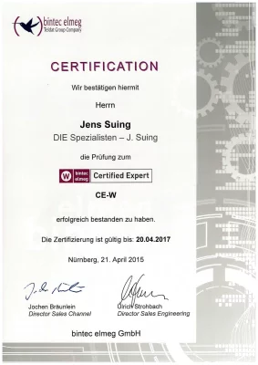 Zertifikat von bintec-elmeg zum Certified Expert WLAN ausgestellt auf Jens Suing