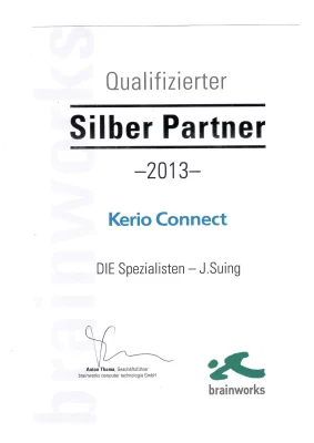 Zertifikat von brainworks zum Kerio Silber Partner ausgestellt auf Jens Suing