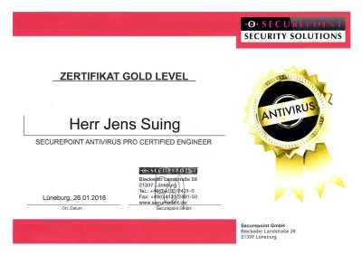 Zertifikat von Securepoint zum Antivirus Pro Certified Engineer ausgestellt auf Jens Suing