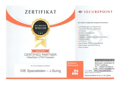 Zertifikat von Securepoint zum Certified Partner ausgestellt auf DIE Spezialisten - J.Suing