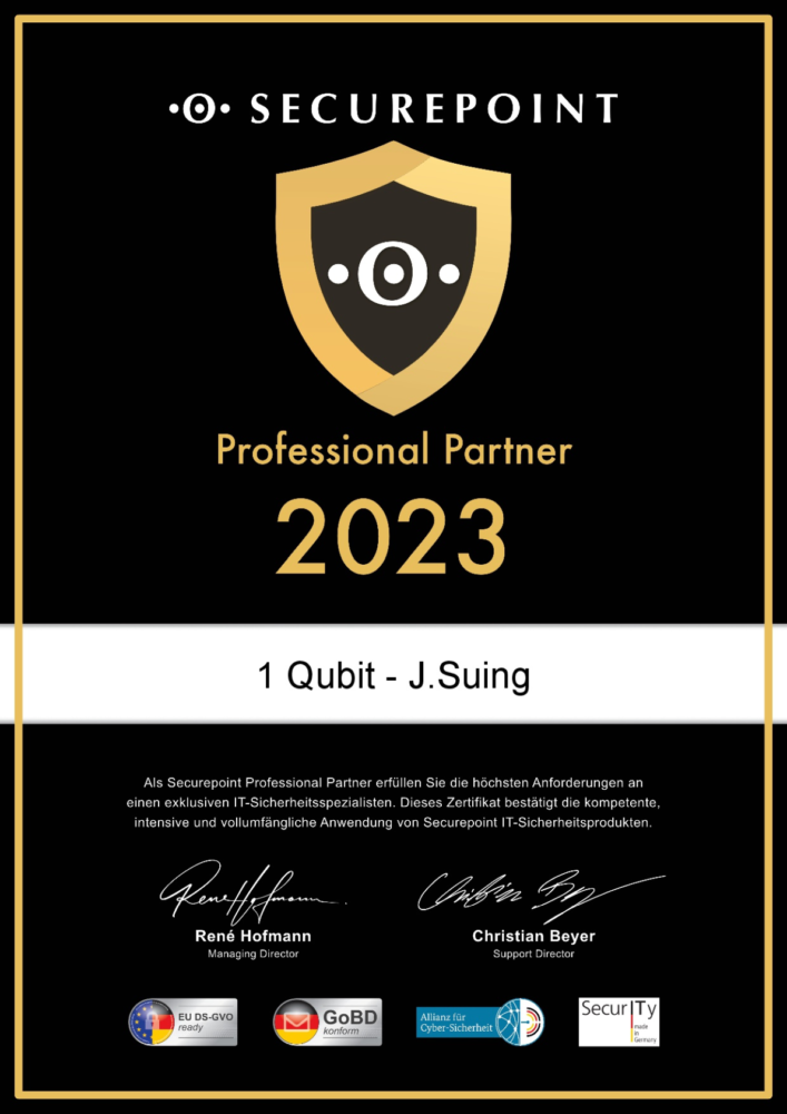 Zertifikat von Securepoint zum Professional Partner 2023 ausgestellt auf 1 Qubit - J.Suing