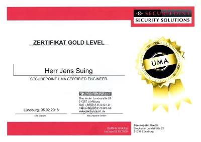 Zertifikat von Securepoint zum UMA Certified Engineer ausgestellt auf Jens Suing
