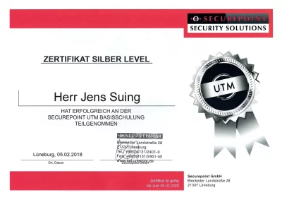 Zertifikat von Securepoint zur UTM Basisschulung ausgestellt auf Jens Suing