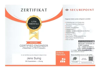 Zertifikat von Securepoint zum Certified Engineer ausgestellt auf Jens Suing