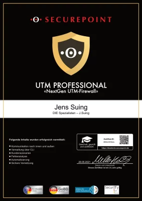 Zertifikat von Securepoint zum UTM Professional ausgestellt auf Jens Suing