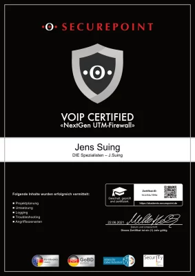 Zertifikat von Securepoint zum VoIP Certified ausgestellt auf Jens Suing