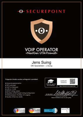 Zertifikat von Securepoint zum VoIP Operator ausgestellt auf Jens Suing