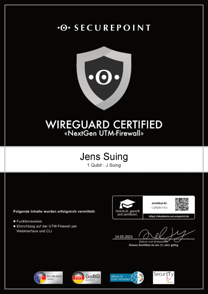 Zertifikat von Securepoint zum Wireguard Certified ausgestellt auf Jens Suing