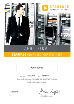 Zertifikat von STARFACE zum Advanced VoIP Engineer ausgestellt auf Jens Suing
