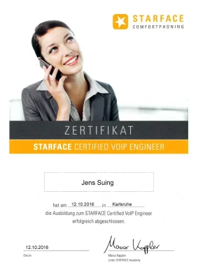 Zertifikat von STARFACE zum Certified VoIP Engineer ausgestellt auf Jens Suing