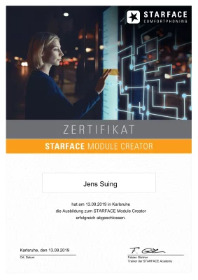 Zertifikat von STARFACE zum Module Creator ausgestellt auf Jens Suing