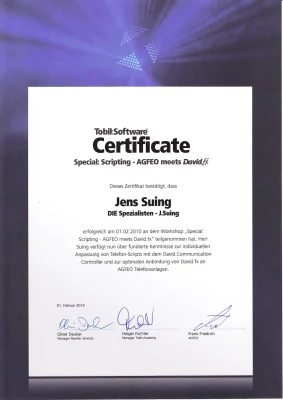Zertifikat von Tobit.Software zur Agfeo meets David.fx Scripting Schulung ausgestellt auf Jens Suing
