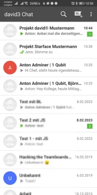 Screenshot der Überisicht aller laufenden Chats in der Tobit David Team Chat Android App