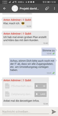 Screenshot eines themenbezogenen Chats mit Dateianhängen in der Android Chat App von Tobit David