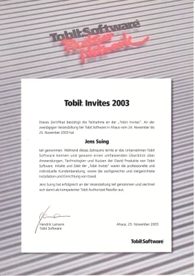 Zertifikat von Tobit.Software zur Tobit Invites Veranstaltung ausgestellt auf Jens Suing