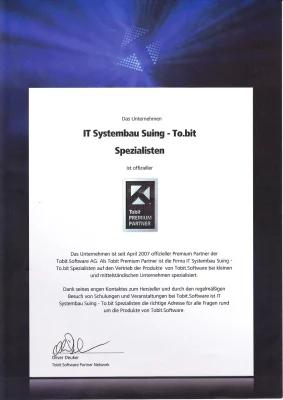 Zertifikat von Tobit.Software zum Tobit Premium Partner ausgestellt auf Jens Suing
