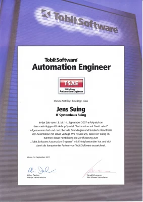 Zertifikat von Tobit.Software zum Automation Enginieer ausgestellt auf Jens Suing