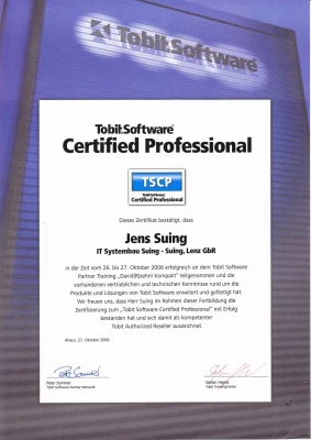 Zertifikat von Tobit.Software zum Certified Professional ausgestellt auf Jens Suing