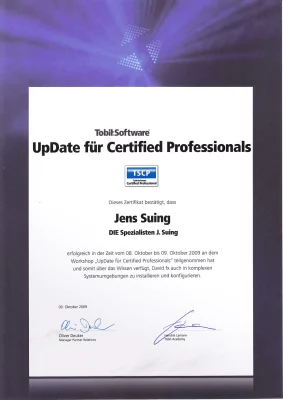 Zertifikat von Tobit.Software zum Certified Professional (Updateschulung) ausgestellt auf Jens Suing