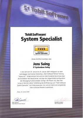 Zertifikat von Tobit.Software zum System Specialist ausgestellt auf Jens Suing