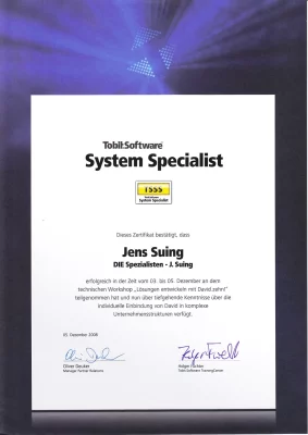 Zertifikat von Tobit.Software zum System Specialist ausgestellt auf Jens Suing