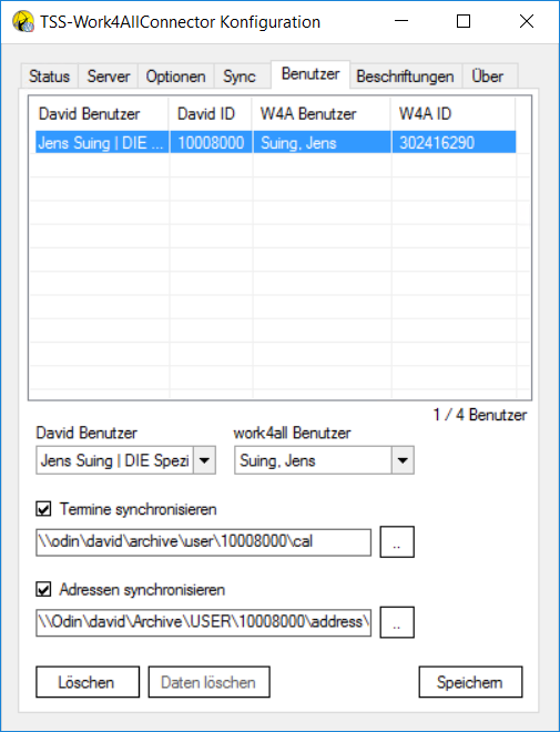 Screenshot der TSS-Work4AllConnector Konfigurationsapplikation, Tab Benutzer