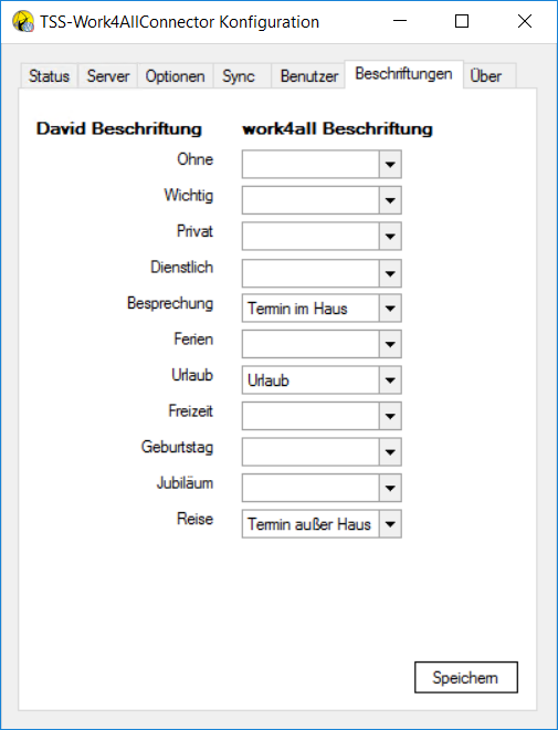 Screenshot der TSS-Work4AllConnector Konfigurationsapplikation, Tab Beschriftungen