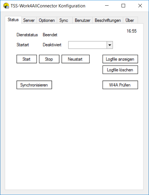 Screenshot der TSS-Work4AllConnector Konfigurationsapplikation, Tab Status