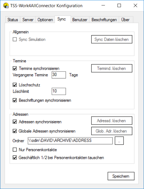 Screenshot der TSS-Work4AllConnector Konfigurationsapplikation, Tab Sync