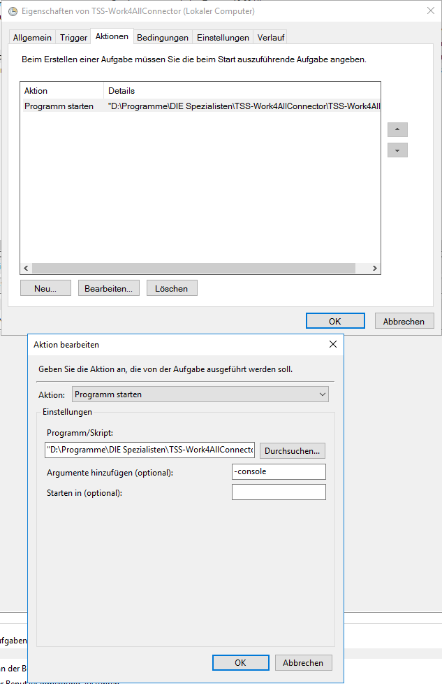 Screenshot der Einrichtung einer Windows Aufgabe für den TSS-Work4AllConnector, Tab Aktionen