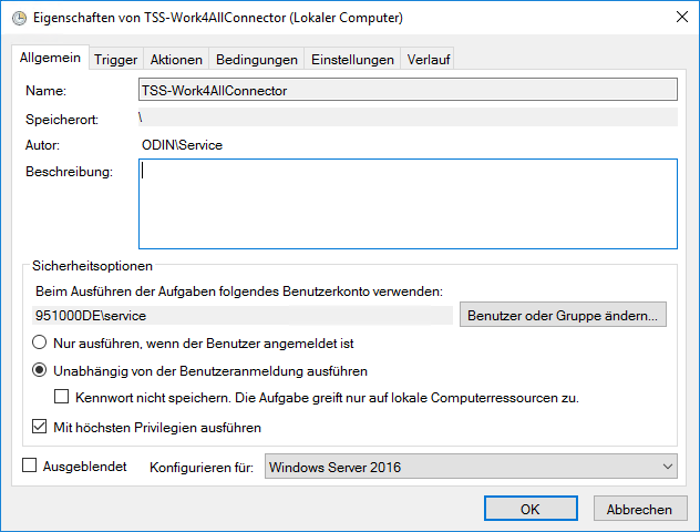 Screenshot der Einrichtung einer Windows Aufgabe für den TSS-Work4AllConnector, Tab Allgemein