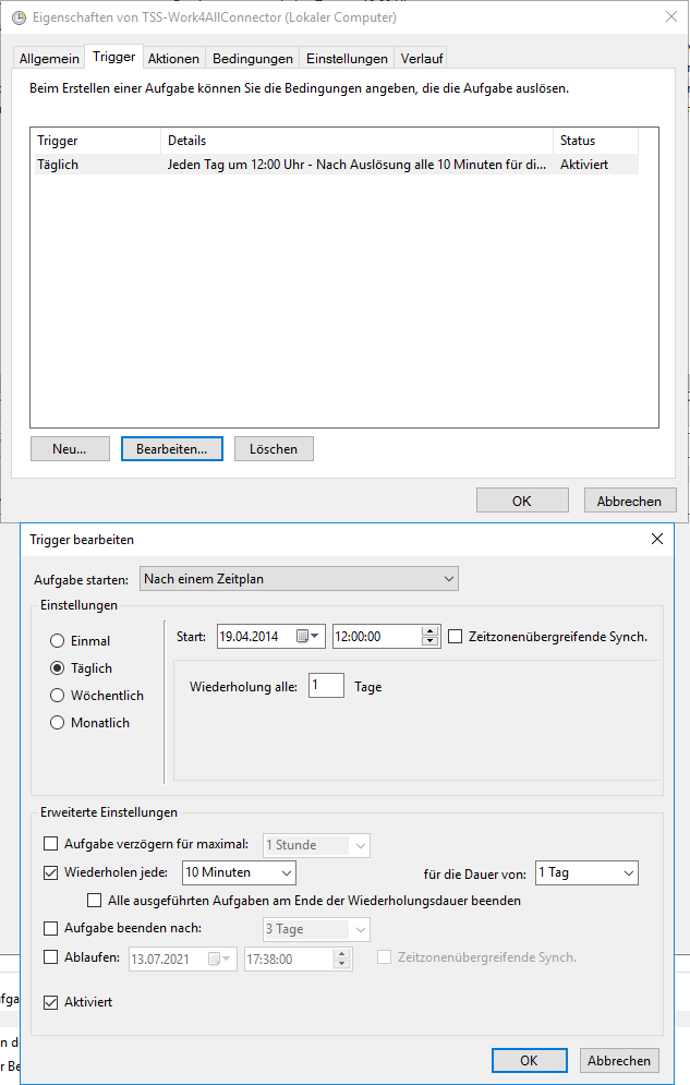 Screenshot der Einrichtung einer Windows Aufgabe für den TSS-Work4AllConnector, Tab Trigger