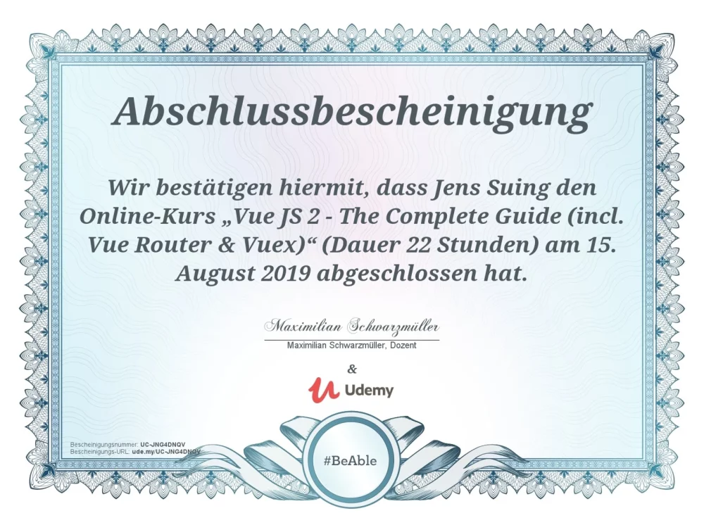 Zertifikat von Udeym zum Abschluss eines Vue JS2 Komplettkurses ausgestellt auf Jens Suing